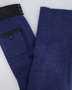 Chanel Cruise 2019 Blue Tweed Cropped Jacket and Trousers Set with CC Logo Buttons and Black Leather Trims Size FR 36/38 (UK 8/10)
