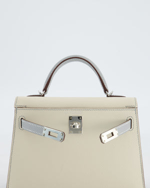 *SUPER RARE* Hermès HSS Mini Kelly II 20 Bag in Craie & Bleu Glacier Epsom Leather with Contrast Stitching and Palladium Hardware