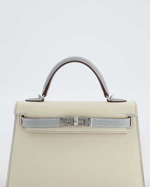 *SUPER RARE* Hermès HSS Mini Kelly II 20 Bag in Craie & Bleu Glacier Epsom Leather with Contrast Stitching and Palladium Hardware