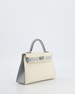 *SUPER RARE* Hermès HSS Mini Kelly II 20 Bag in Craie & Bleu Glacier Epsom Leather with Contrast Stitching and Palladium Hardware
