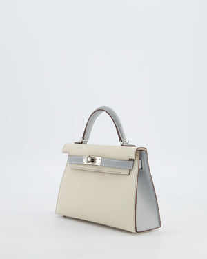 *SUPER RARE* Hermès HSS Mini Kelly II 20 Bag in Craie & Bleu Glacier Epsom Leather with Contrast Stitching and Palladium Hardware