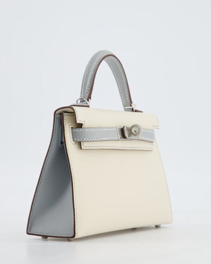 *SUPER RARE* Hermès HSS Mini Kelly II 20 Bag in Craie & Bleu Glacier Epsom Leather with Contrast Stitching and Palladium Hardware