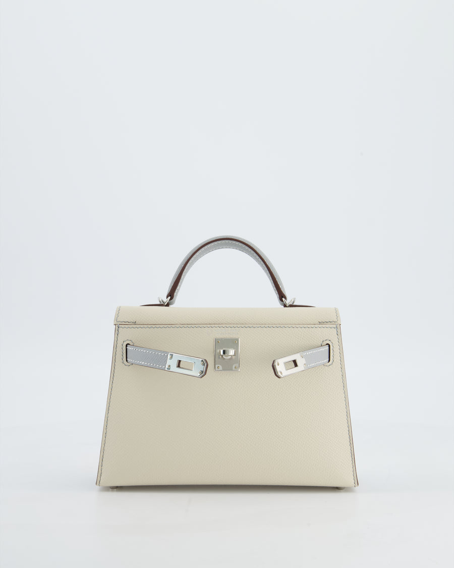 *SUPER RARE* Hermès HSS Mini Kelly II 20 Bag in Craie & Bleu Glacier Epsom Leather with Contrast Stitching and Palladium Hardware