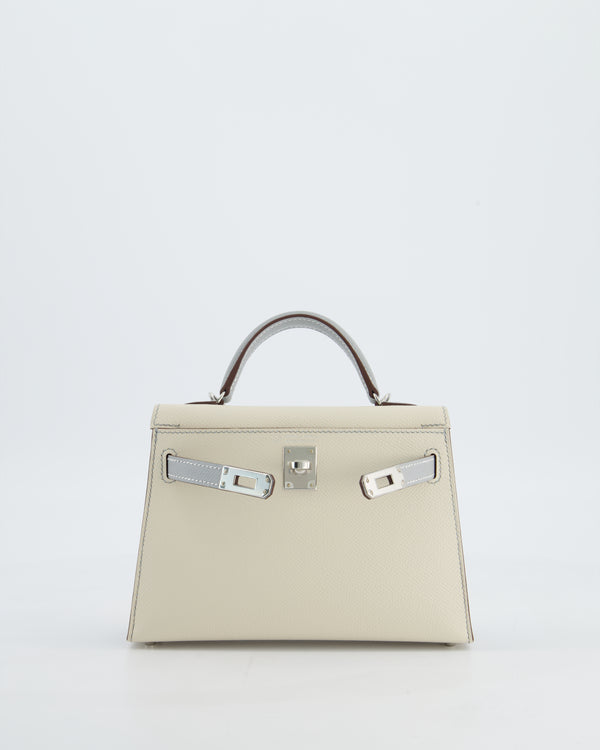 *SUPER RARE* Hermès HSS Mini Kelly II 20 Bag in Craie & Bleu Glacier Epsom Leather with Contrast Stitching and Palladium Hardware