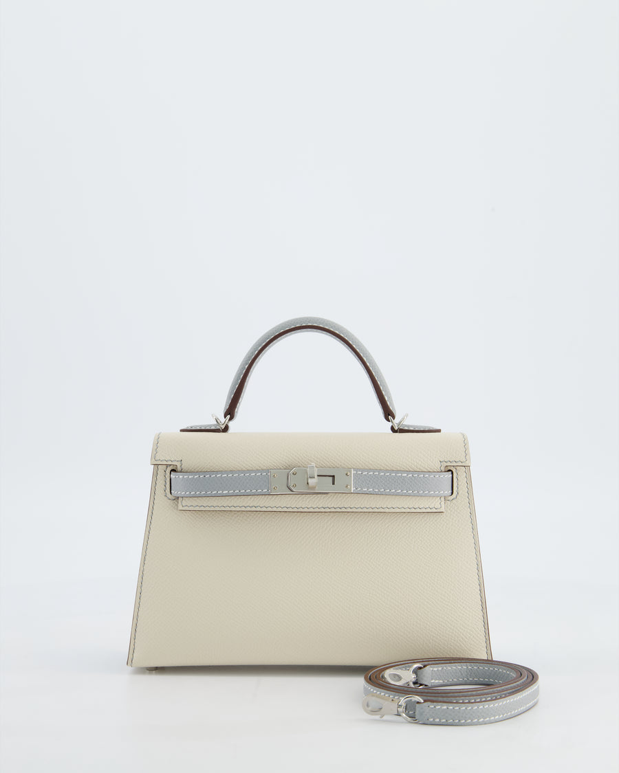 *SUPER RARE* Hermès HSS Mini Kelly II 20 Bag in Craie & Bleu Glacier Epsom Leather with Contrast Stitching and Palladium Hardware