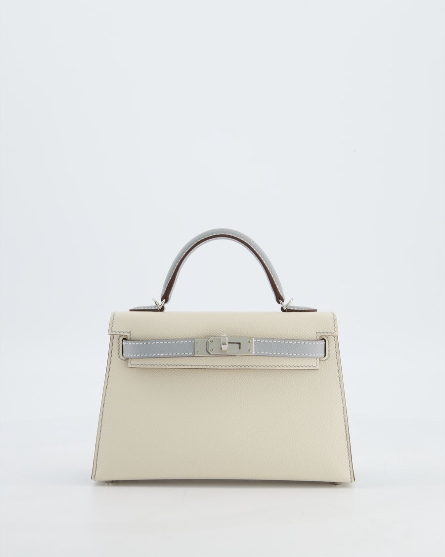 *SUPER RARE* Hermès HSS Mini Kelly II 20 Bag in Craie & Bleu Glacier Epsom Leather with Contrast Stitching and Palladium Hardware