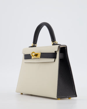 *SUPER RARE* Hermès HSS Mini Kelly II 20 Bag in Craie & Noir Epsom Leather with Tone On Tone Stitching and Gold Hardware