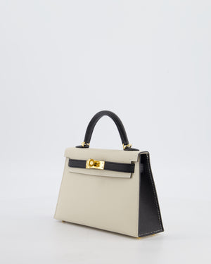 *SUPER RARE* Hermès HSS Mini Kelly II 20 Bag in Craie & Noir Epsom Leather with Tone On Tone Stitching and Gold Hardware
