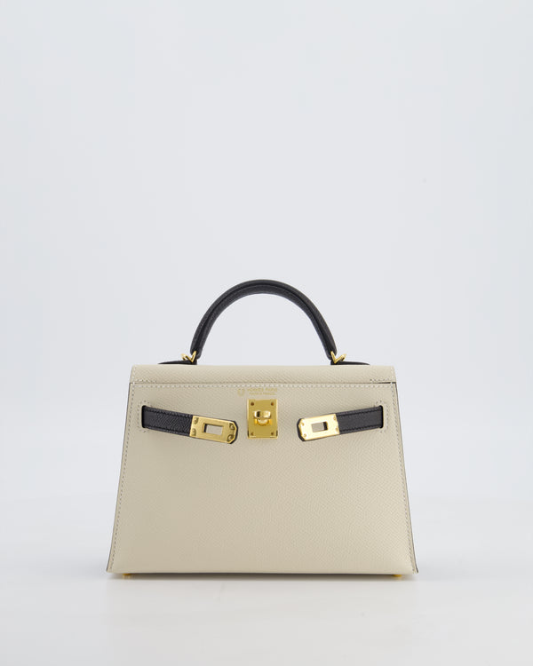 *SUPER RARE* Hermès HSS Mini Kelly II 20 Bag in Craie & Noir Epsom Leather with Tone On Tone Stitching and Gold Hardware