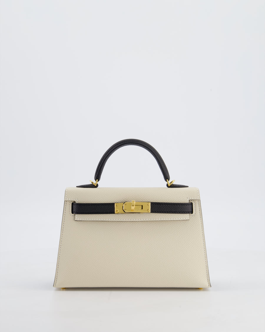 *SUPER RARE* Hermès HSS Mini Kelly II 20 Bag in Craie & Noir Epsom Leather with Tone On Tone Stitching and Gold Hardware