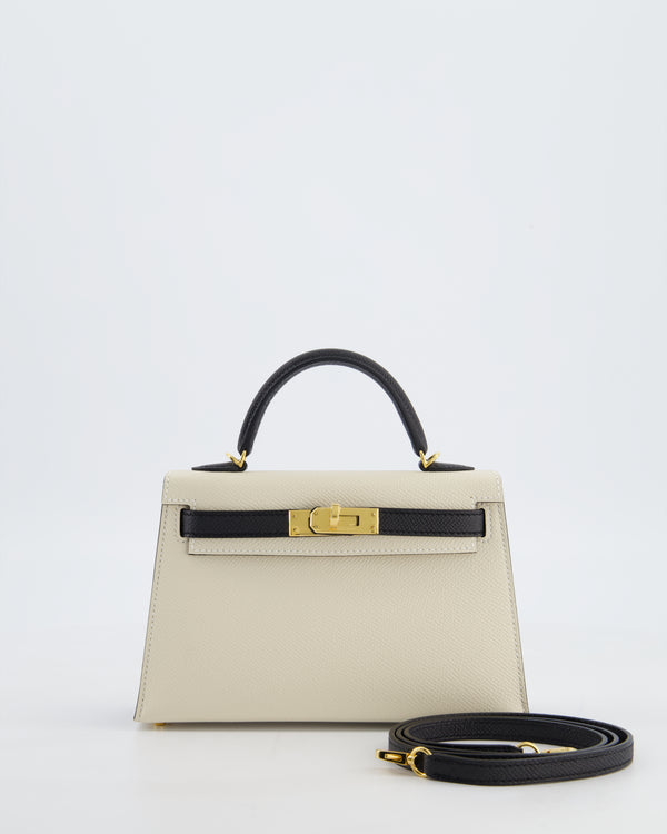 *SUPER RARE* Hermès HSS Mini Kelly II 20 Bag in Craie & Noir Epsom Leather with Tone On Tone Stitching and Gold Hardware