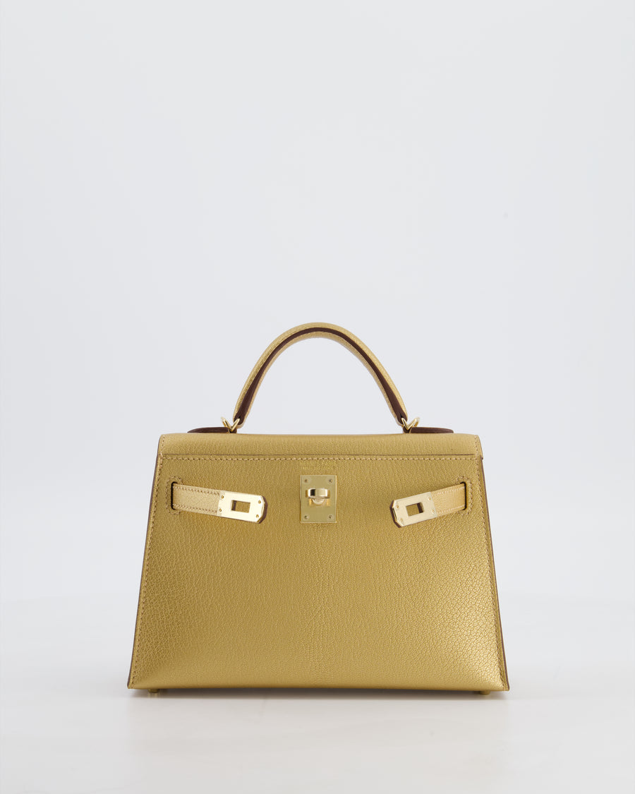 *SUPER RARE & HOT* Hermès HSS Mini Kelly II 20 Bag in Metallic Doré Chèvre Chamkila Leather with Permabrass Hardware