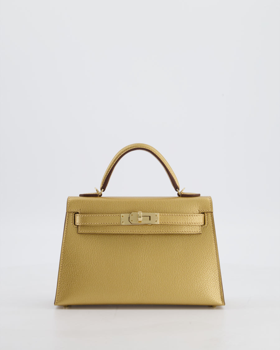*SUPER RARE & HOT* Hermès HSS Mini Kelly II 20 Bag in Metallic Doré Chèvre Chamkila Leather with Permabrass Hardware