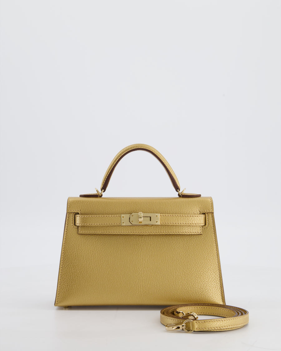*SUPER RARE & HOT* Hermès HSS Mini Kelly II 20 Bag in Metallic Doré Chèvre Chamkila Leather with Permabrass Hardware