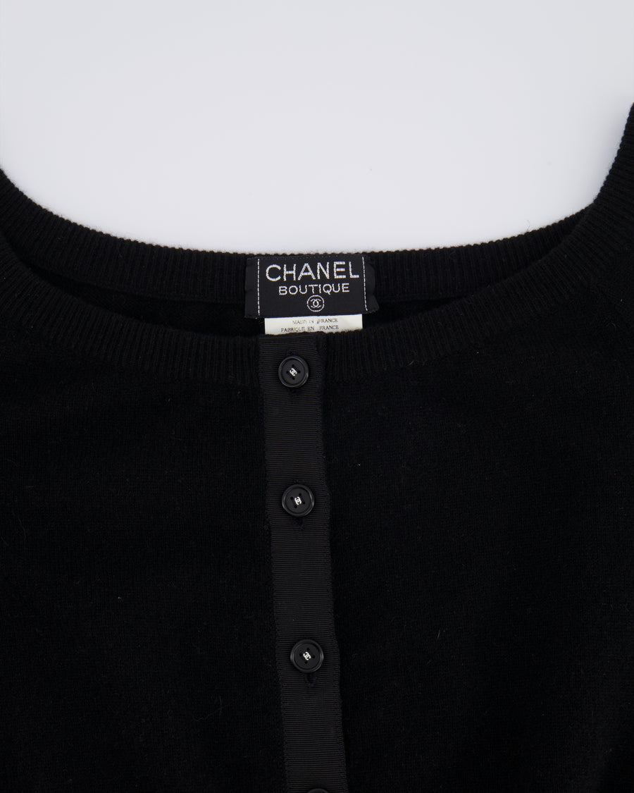Chanel Vintage 95A Black Cashmere Cardigan with Black and White CC Logo Buttons Size FR 36 (UK 8)