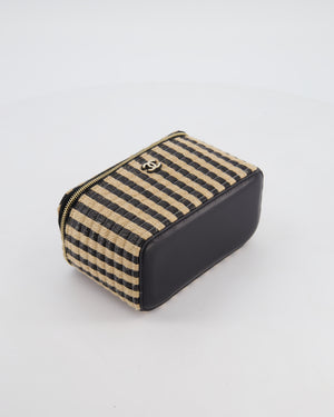 Chanel 21P Beige & Black Raffia Vanity Case Bag with Champagne Gold Hardware