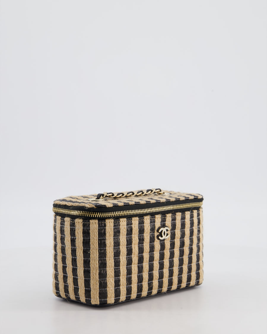 Chanel 21P Beige & Black Raffia Vanity Case Bag with Champagne Gold Hardware