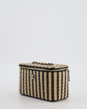 Chanel 21P Beige & Black Raffia Vanity Case Bag with Champagne Gold Hardware