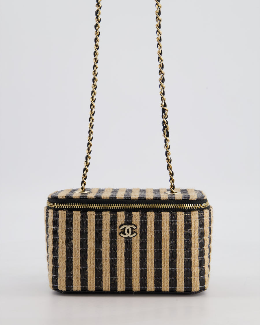 Chanel 21P Beige & Black Raffia Vanity Case Bag with Champagne Gold Hardware