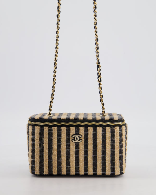 Chanel 21P Beige & Black Raffia Vanity Case Bag with Champagne Gold Hardware