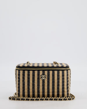 Chanel 21P Beige & Black Raffia Vanity Case Bag with Champagne Gold Hardware