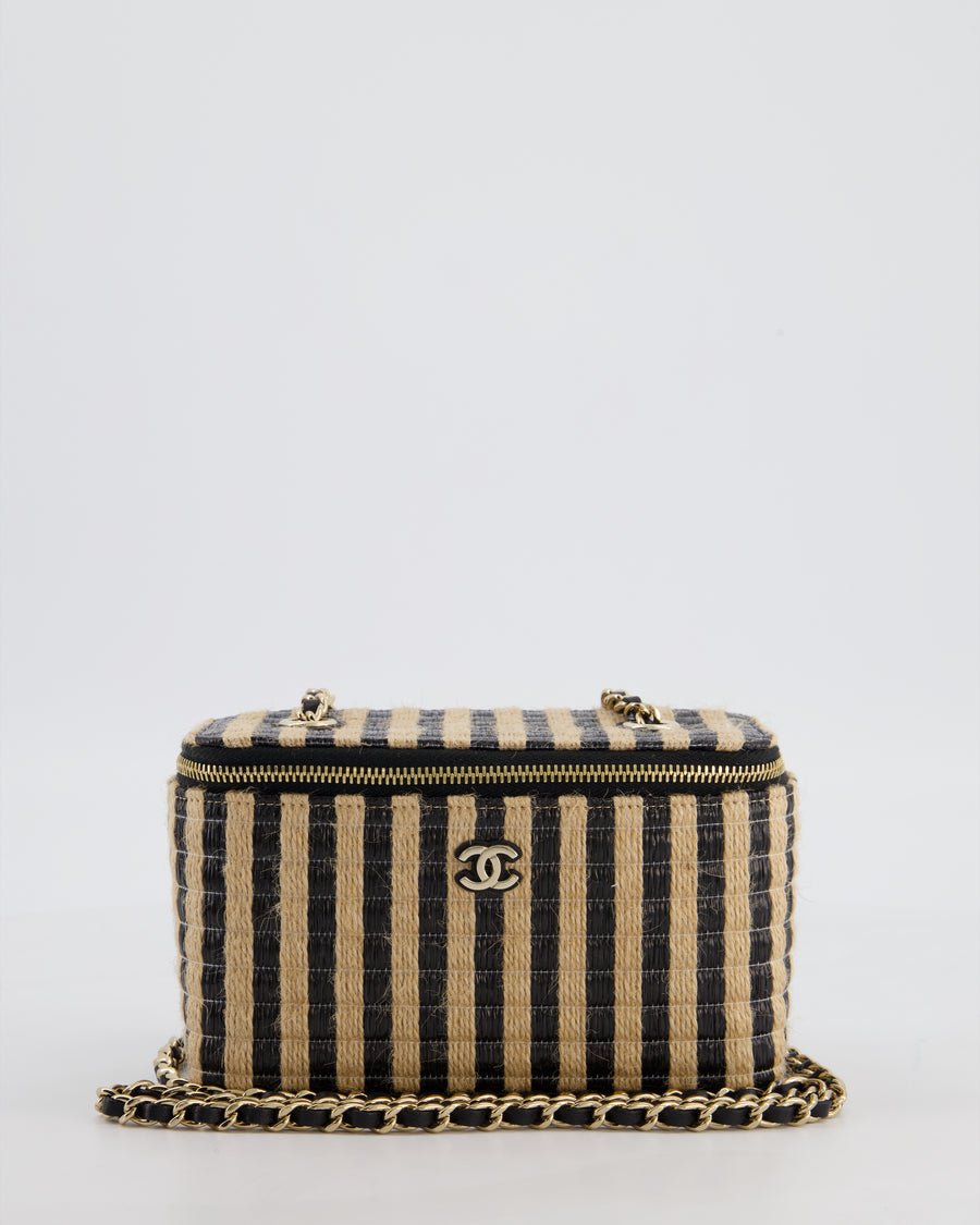Chanel 21P Beige & Black Raffia Vanity Case Bag with Champagne Gold Hardware