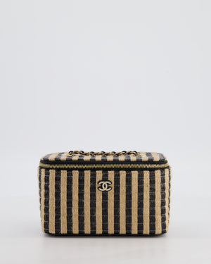 Chanel 21P Beige & Black Raffia Vanity Case Bag with Champagne Gold Hardware