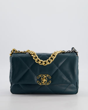 Chanel 19 Flap Bag in Forest Green Goatskin Leather with Chain CC Logo and Gold, Silver and Ruthenium Hardware
