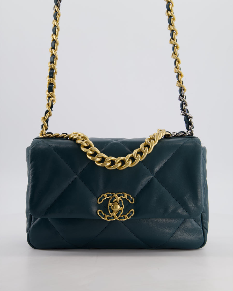 Chanel 19 Flap Bag in Forest Green Goatskin Leather with Chain CC Logo and Gold, Silver and Ruthenium Hardware