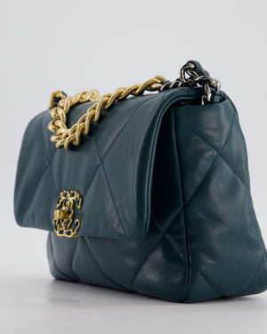 Chanel 19 Flap Bag in Forest Green Goatskin Leather with Chain CC Logo and Gold, Silver and Ruthenium Hardware