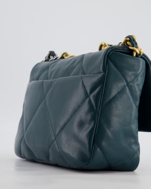 Chanel 19 Flap Bag in Forest Green Goatskin Leather with Chain CC Logo and Gold, Silver and Ruthenium Hardware