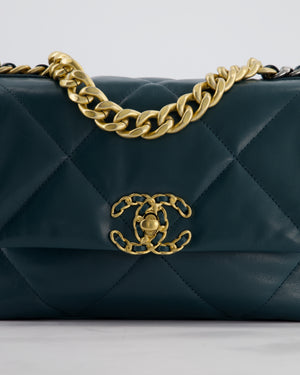 Chanel 19 Flap Bag in Forest Green Goatskin Leather with Chain CC Logo and Gold, Silver and Ruthenium Hardware