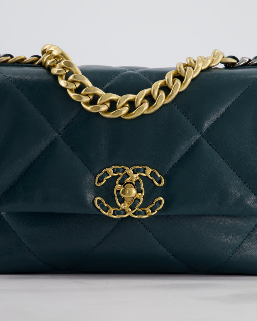 Chanel 19 Flap Bag in Forest Green Goatskin Leather with Chain CC Logo and Gold, Silver and Ruthenium Hardware