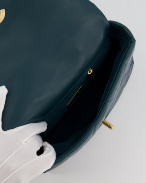 Chanel 19 Flap Bag in Forest Green Goatskin Leather with Chain CC Logo and Gold, Silver and Ruthenium Hardware