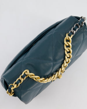 Chanel 19 Flap Bag in Forest Green Goatskin Leather with Chain CC Logo and Gold, Silver and Ruthenium Hardware