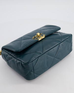 Chanel 19 Flap Bag in Forest Green Goatskin Leather with Chain CC Logo and Gold, Silver and Ruthenium Hardware