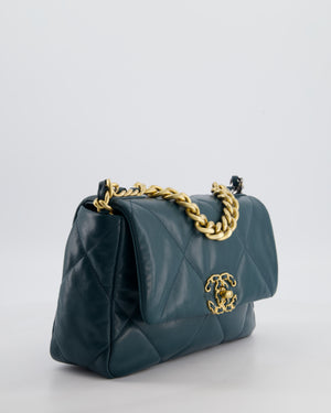 Chanel 19 Flap Bag in Forest Green Goatskin Leather with Chain CC Logo and Gold, Silver and Ruthenium Hardware