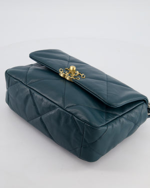 Chanel 19 Flap Bag in Forest Green Goatskin Leather with Chain CC Logo and Gold, Silver and Ruthenium Hardware