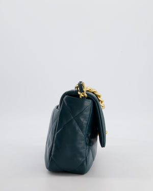 Chanel 19 Flap Bag in Forest Green Goatskin Leather with Chain CC Logo and Gold, Silver and Ruthenium Hardware