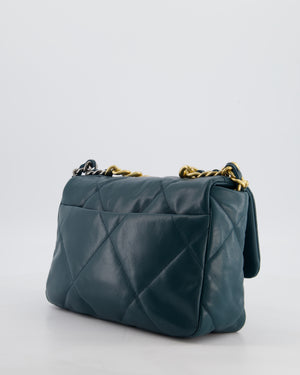 Chanel 19 Flap Bag in Forest Green Goatskin Leather with Chain CC Logo and Gold, Silver and Ruthenium Hardware
