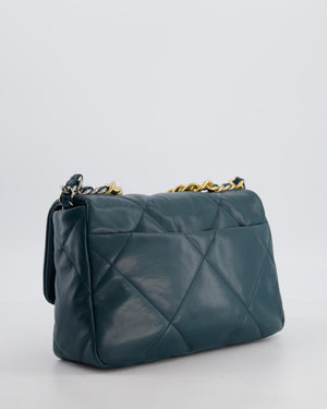 Chanel 19 Flap Bag in Forest Green Goatskin Leather with Chain CC Logo and Gold, Silver and Ruthenium Hardware