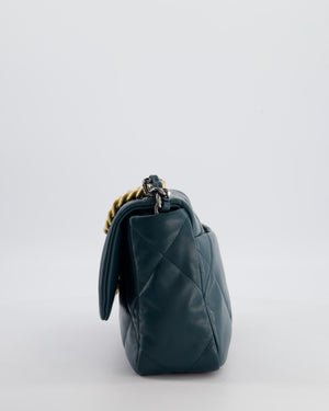 Chanel 19 Flap Bag in Forest Green Goatskin Leather with Chain CC Logo and Gold, Silver and Ruthenium Hardware