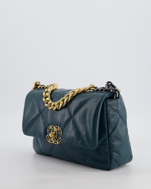 Chanel 19 Flap Bag in Forest Green Goatskin Leather with Chain CC Logo and Gold, Silver and Ruthenium Hardware