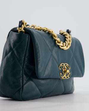 Chanel 19 Flap Bag in Forest Green Goatskin Leather with Chain CC Logo and Gold, Silver and Ruthenium Hardware