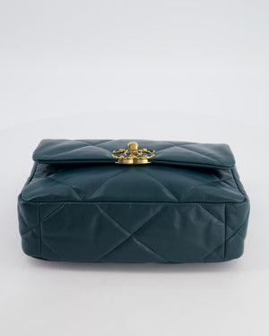 Chanel 19 Flap Bag in Forest Green Goatskin Leather with Chain CC Logo and Gold, Silver and Ruthenium Hardware