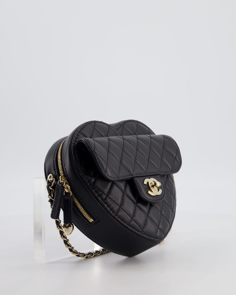Chanel 22S Black Medium Heart Bag in Lambskin Leather with Champagne Gold Hardware