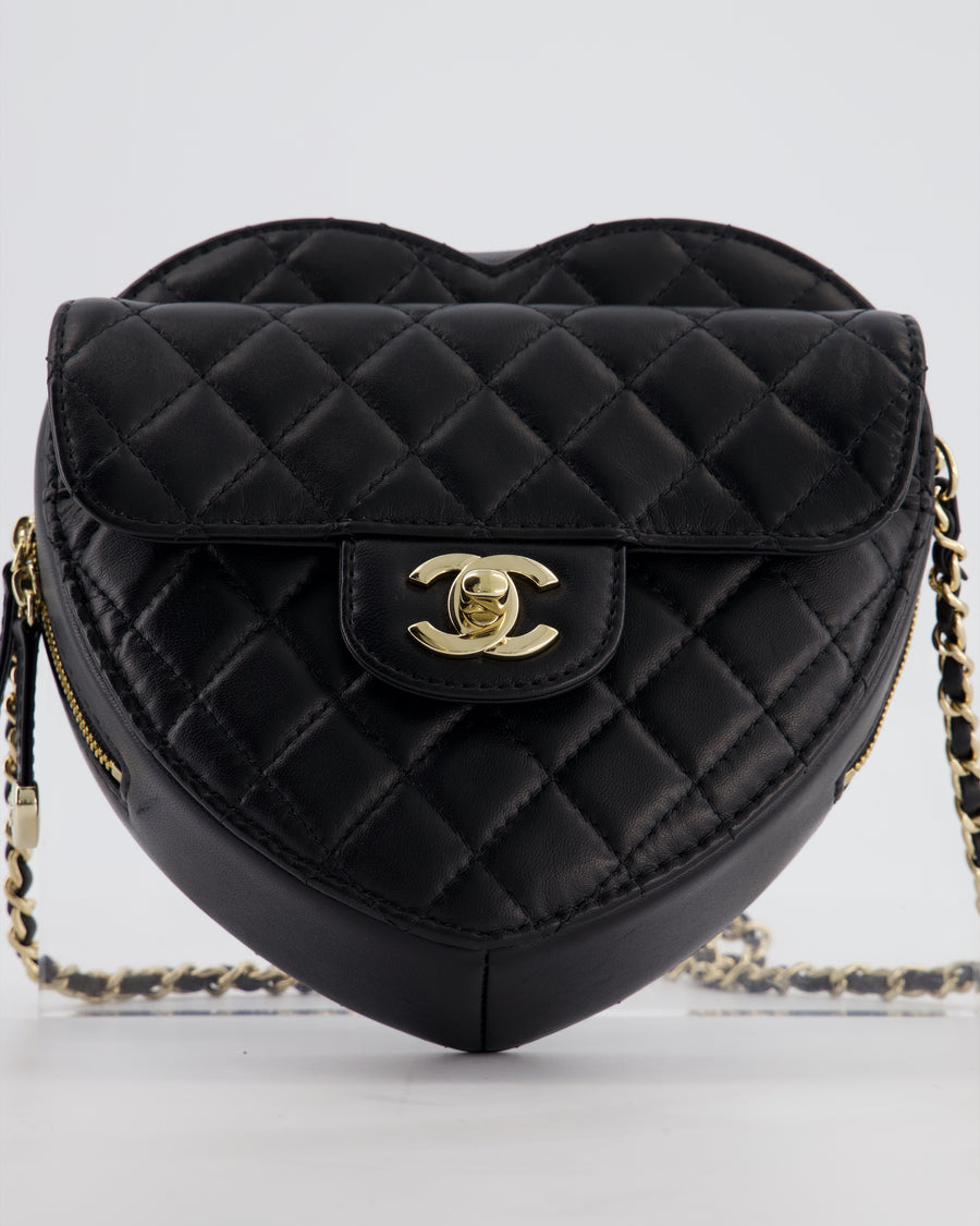 Chanel 22S Black Medium Heart Bag in Lambskin Leather with Champagne Gold Hardware