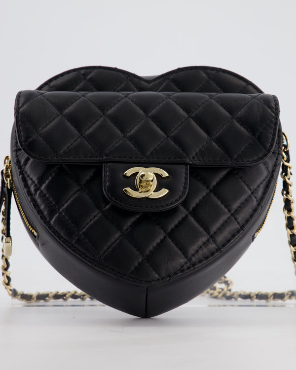 Chanel 22S Black Medium Heart Bag in Lambskin Leather with Champagne Gold Hardware