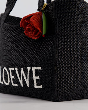Loewe x Paula's Ibiza Medium Black Raffia Logo Tote Bag with Red Rose Brooch RRP £1,250