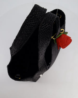 Loewe x Paula's Ibiza Medium Black Raffia Logo Tote Bag with Red Rose Brooch RRP £1,250